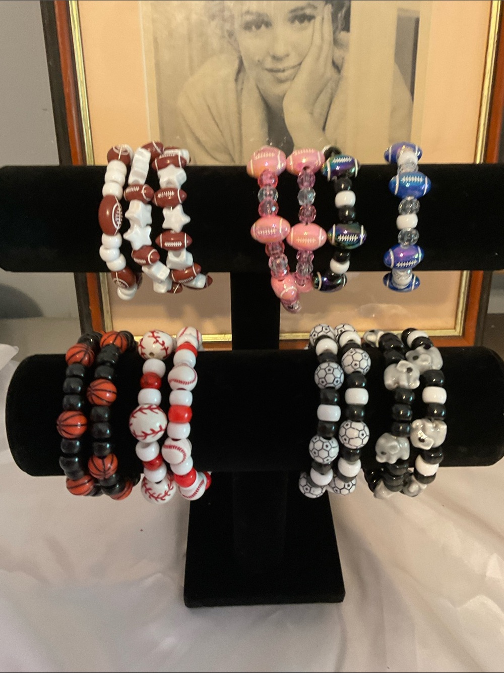 Handmade Pink & Blue Beaded Stretch Bracelet Set football baseball pick 2 - Picture 2 of 13